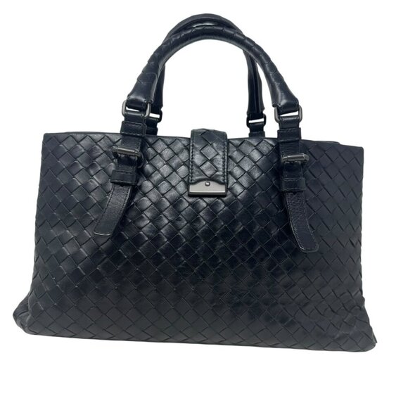Bottega Veneta Womens Woven Leather Intrecciato Roma Satchel Bag Handbag Black - Picture 7 of 16